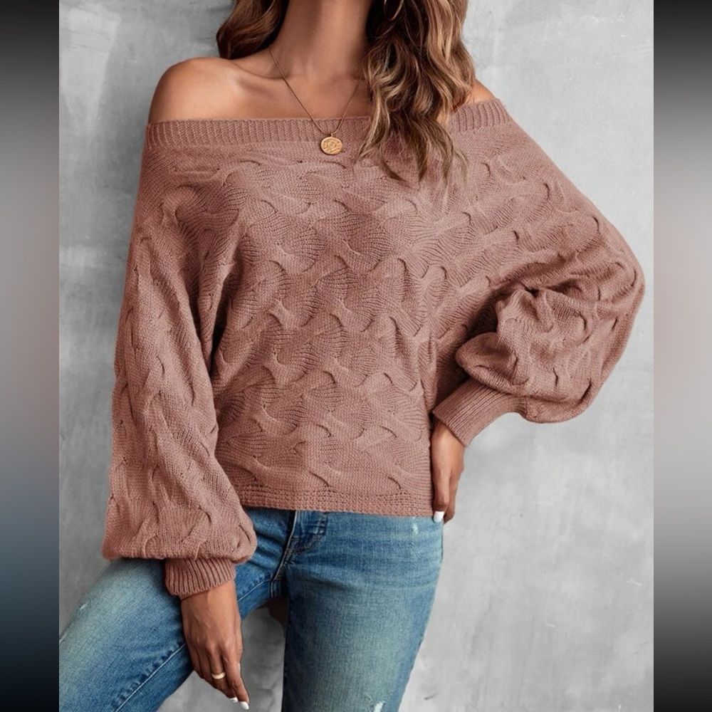 New Cozy Off Shoulder Batwing Sleeve Semi Cropped Sweater Trending Dusty Pink - Picture 3 of 8